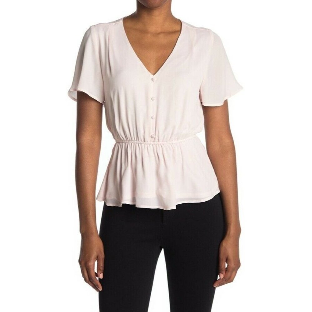 Eclair Short Sleeve Button Front Peplum Blouse Size Large Pink